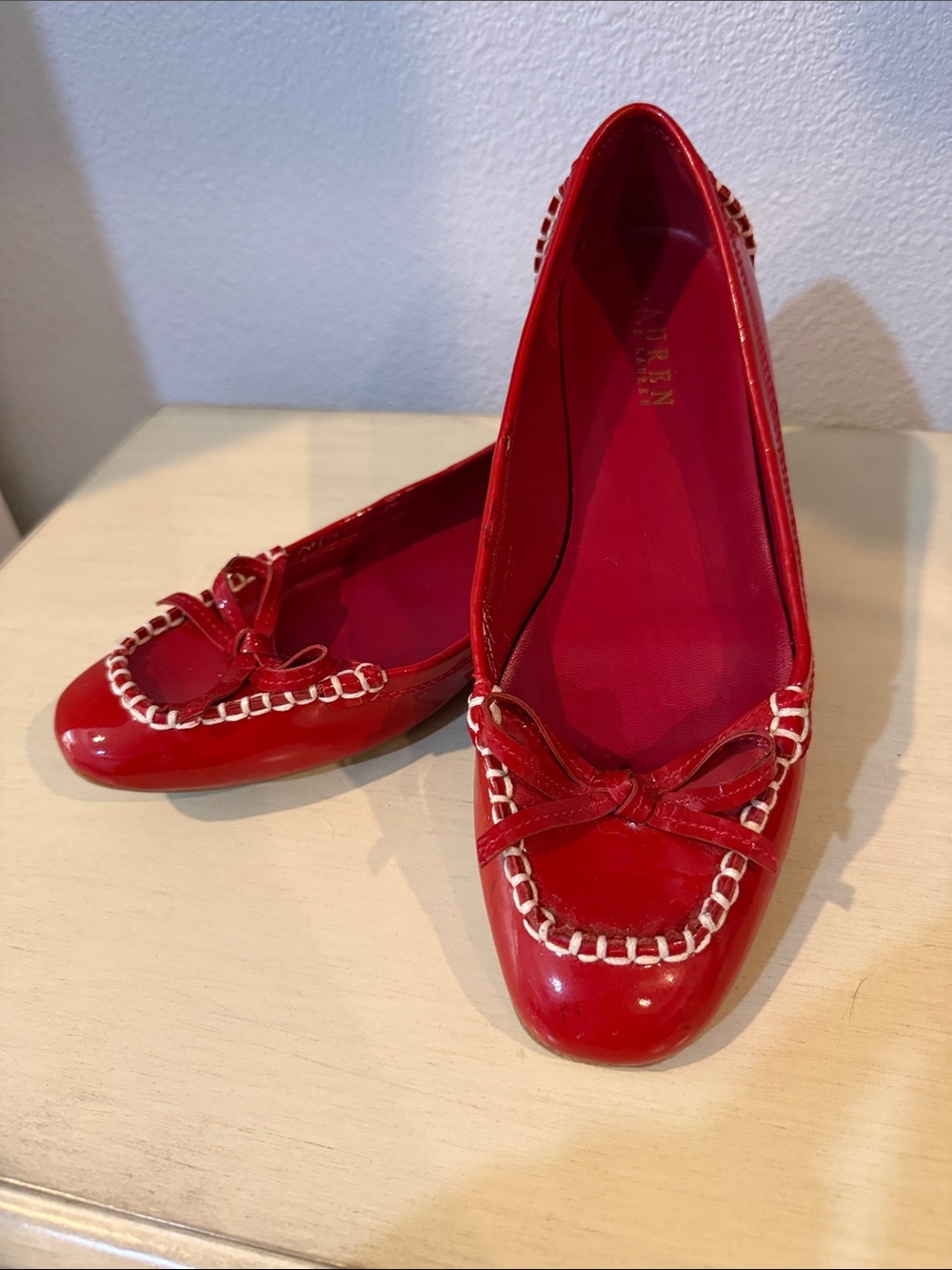 Lauren Ralph Lauren Red Patent Leather Bow Moccasins